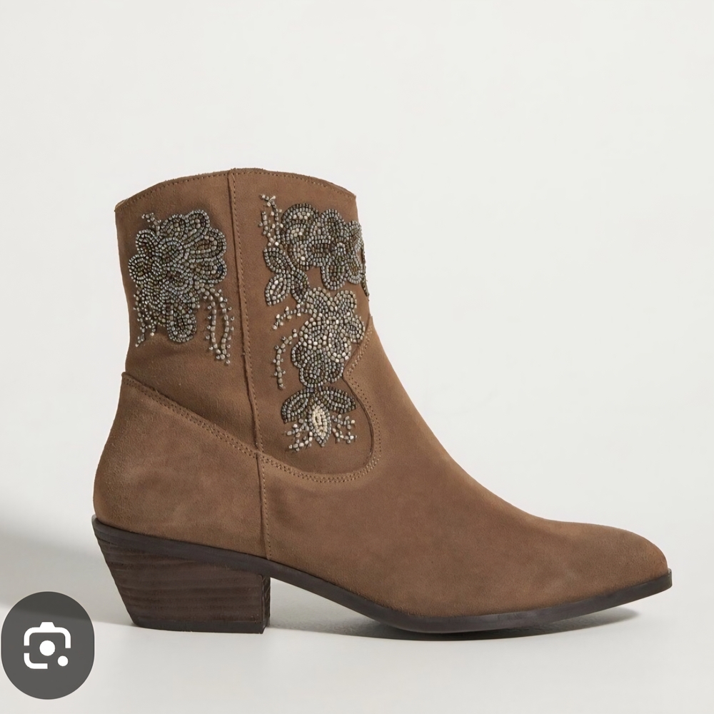 Anthropologie Floral Suede Brown Western Boots Embellished Beaded. Size 9